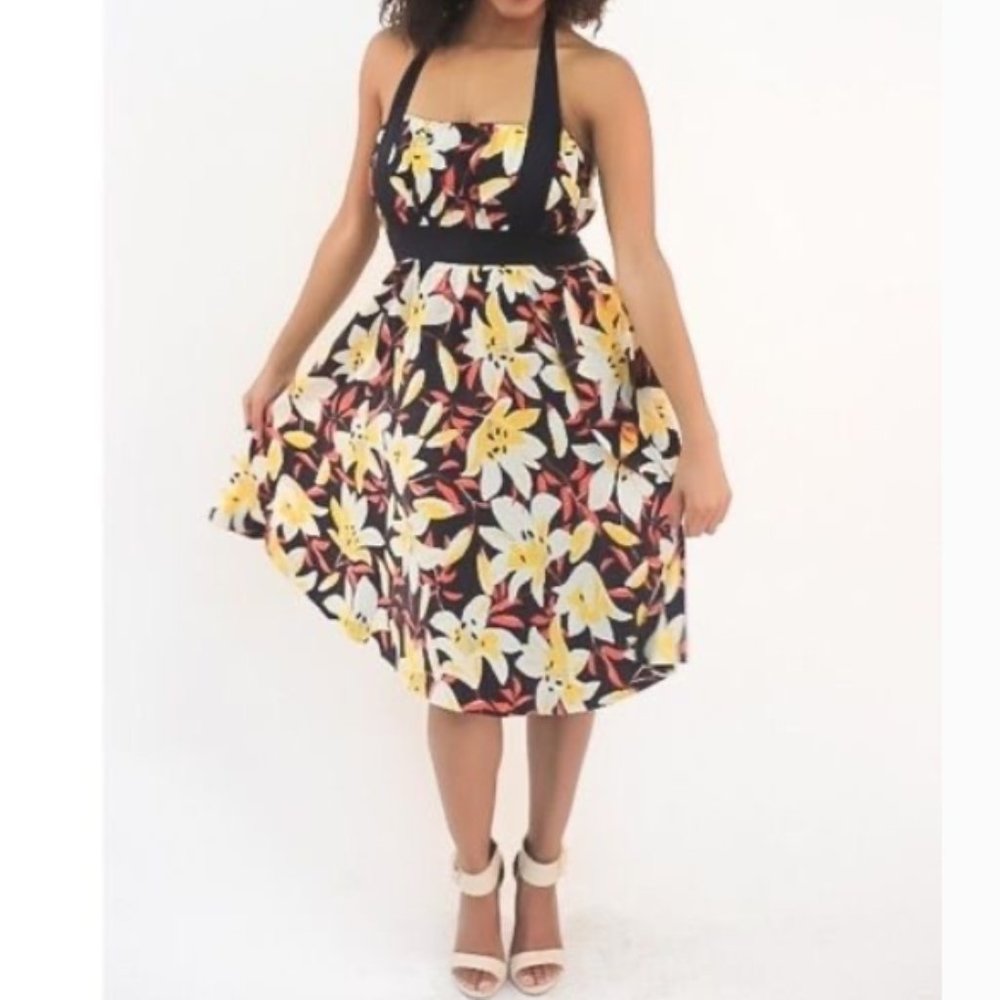 Moulinette Soeurs Anthropologie Silk Floral Halter Dress Black Yellow Lily 6
